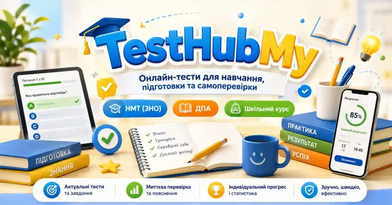 TestHubMy — безкоштовний освітній ресурс для вчителів: 450+ тестів та навчальні посібники для уроків і підготовки до іспитів