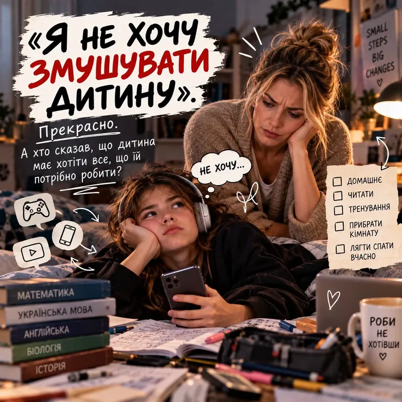 «Я не хочу змушувати дитину!!!». А хто сказав, що дитина має хотіти все, що їй потрібно робити?